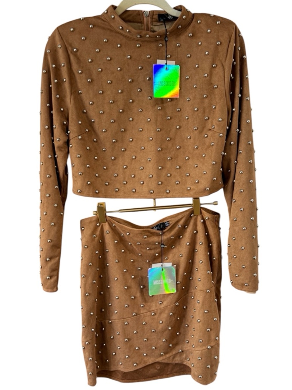 (SET OF 2!!) 🤎🪙 Missguided Brown Suede Studded Embellished Two-Piece Skirt Set